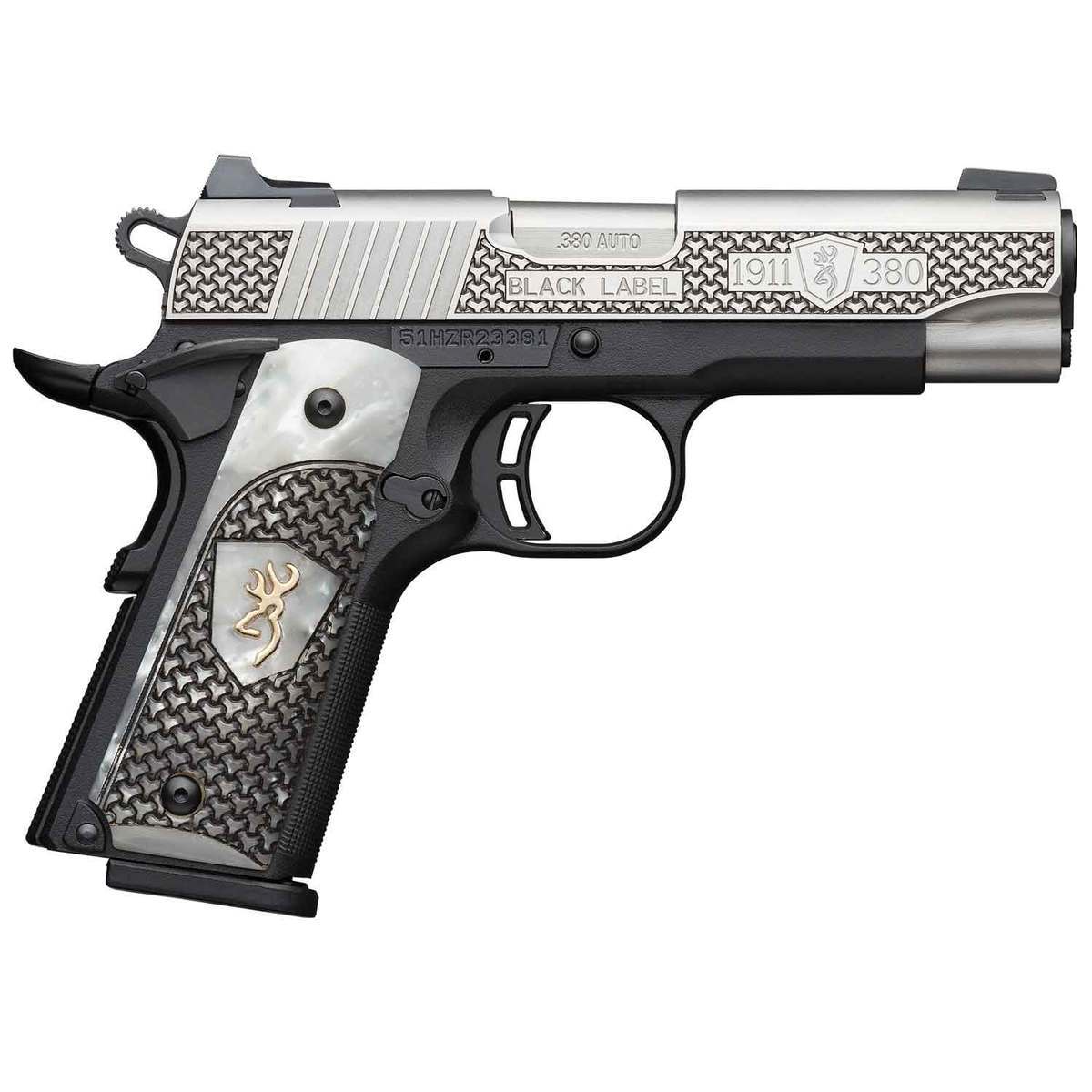 Browning 1911 380 Black Label High Grade Pearl Grips 380 Auto Acp 363in Stainlessblack 7892