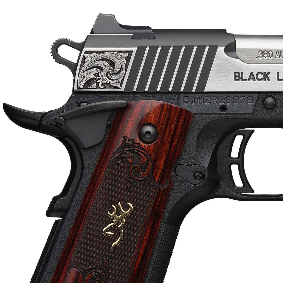 Browning 1911 380 Black Label Medallion Engraved 380 Auto Acp 363in Stainlessblack Pistol 0166