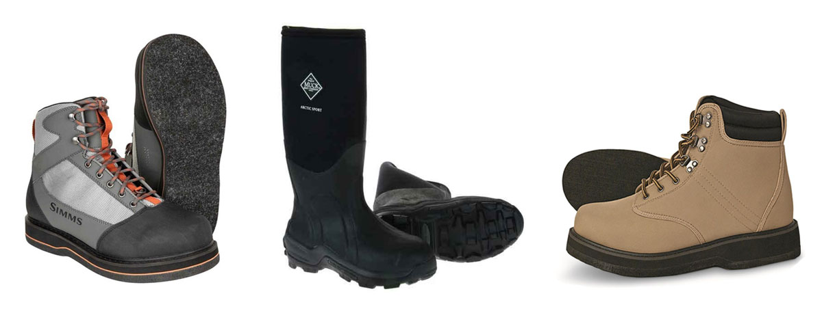 Felt, rubber and cleated wading boots