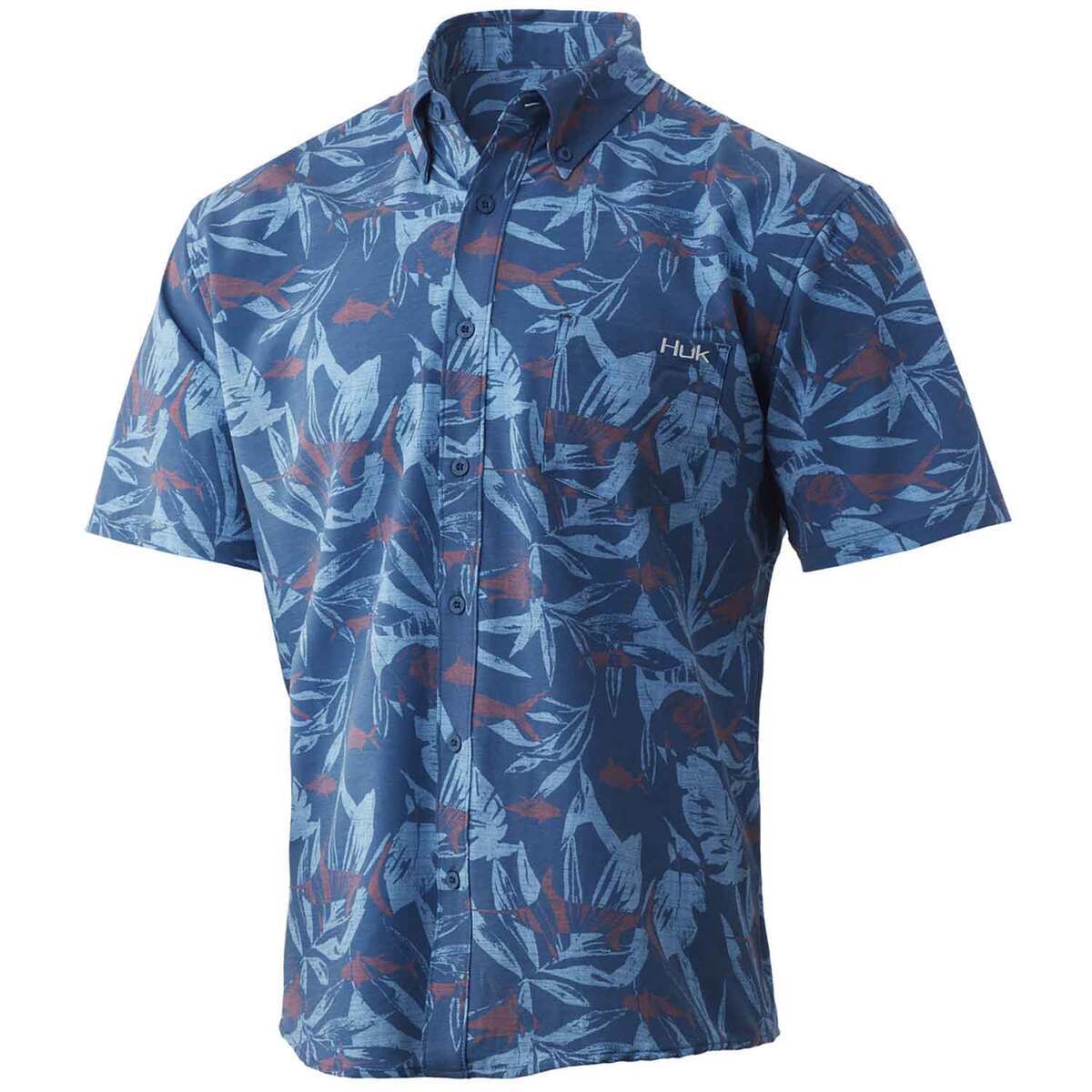 Huk Men's Kona Ocean Palm Short Sleeve Fishing Shirt - Titanium Blue ...