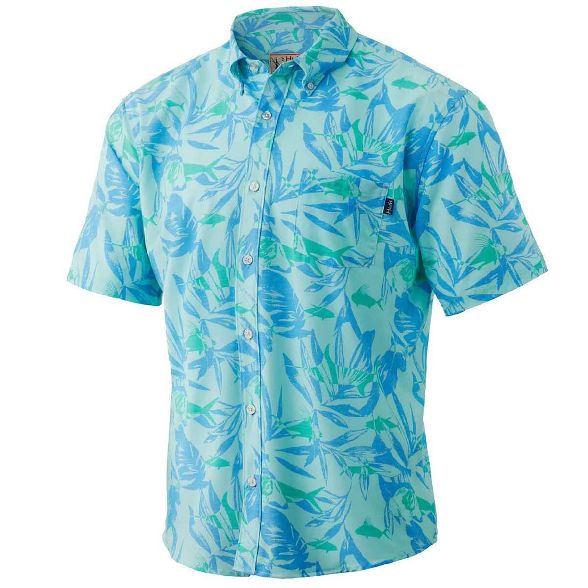 Huk Men's Kona Ocean Palm Short Sleeve Fishing Shirt - Beach Glass - M ...